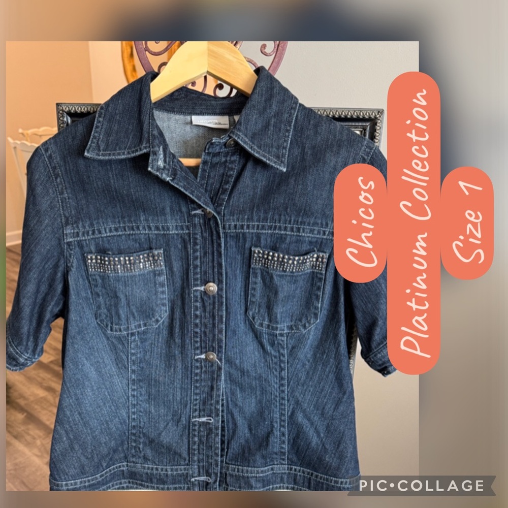 Chico's Platinum Collection Dark Blue Jean Jacket - Size 1